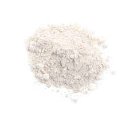Pile of oatmeal flour isolated on white, top view