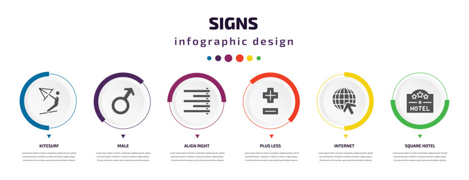 Signs Infographic Element With Icons And 6 Step Or Option. Signs Icons Such As Kitesurf, Male, Align Right, Plus Less, Internet, Square Hotel Vector. Can Be Used For Banner, Info Graph, Web,