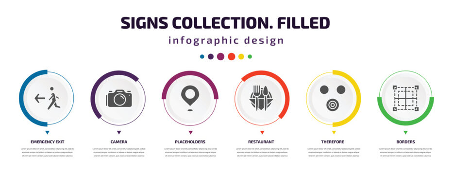 signs collection. filled infographic element with icons and 6 step or option. signs collection. filled icons such as emergency exit, camera, placeholders, restaurant, therefore, borders vector. can