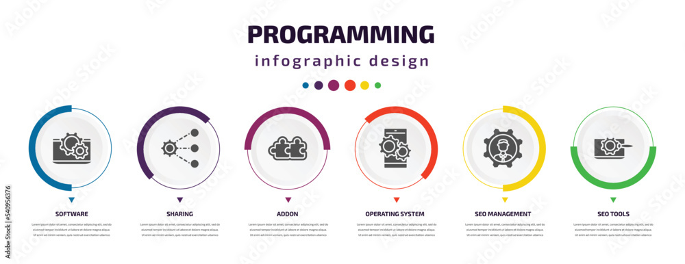 Poster programming infographic element with icons and 6 step or option. programming icons such as software,