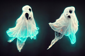 Neon cartoon Halloween ghosts flying and dancing. Ai generated art