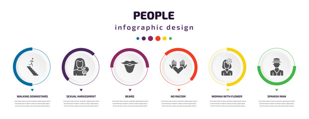 people infographic element with icons and 6 step or option. people icons such as walking downstairs, sexual harassment, beard, no racism, woman with flower, spanish man vector. can be used for