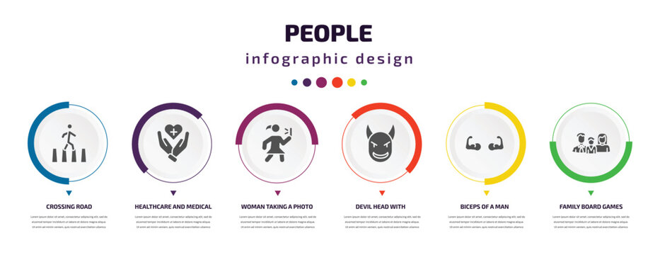 people infographic element with icons and 6 step or option. people icons such as crossing road, healthcare and medical, woman taking a photo, devil head with horns, biceps of a man, family board