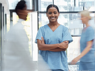 Medical doctor, nurse or surgeon in a busy hospital, consulting and working in healthcare. Portrait...