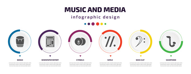 music and media infographic element with icons and 6 step or option. music and media icons such as bongo, newspaper report, cymbals, simile, bass clef, saxophone vector. can be used for banner, info