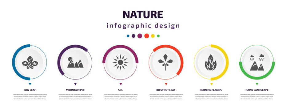 nature infographic element with icons and 6 step or option. nature icons such as dry leaf, mountain pse, sol, chestnut leaf, burning flames, rainy landscape vector. can be used for banner, info