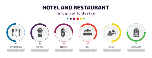 hotel and restaurant infographic element with icons and 6 step or option. hotel and restaurant icons such as eating utensils, bathrobe, doorknob, beds, onigiri, door hanger vector. can be used for