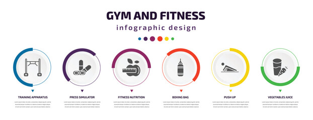 gym and fitness infographic element with icons and 6 step or option. gym and fitness icons such as training apparatus, press simulator, fitness nutrition, boxing bag, push up, vegetables juice