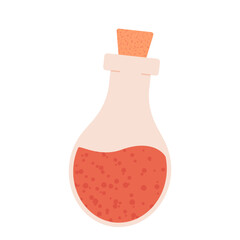 Bottle with red magic love potion or poison. Vial with elixir. Flat vector illustration with textured.