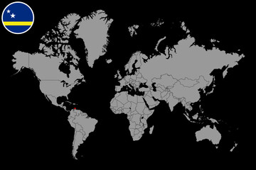 Pin map with Curacao flag on world map. Vector illustration.