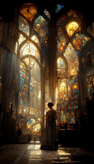 Fototapeta premium AI generated image of a young girl inside an ancient gothic cathedral with tall stained-glass windows with divine light