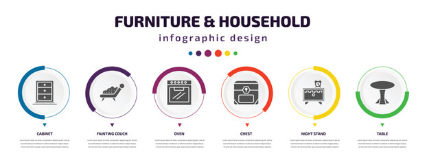 furniture & household infographic element with icons and 6 step or option. furniture & household icons such as cabinet, fainting couch, oven, chest, night stand, table vector. can be used for