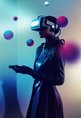 Woman wearing virtual reality glasses VR headset, Metaverse, virtual reality, future technology concept.