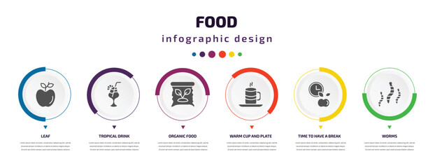 food infographic element with icons and 6 step or option. food icons such as leaf, tropical drink, organic food, warm cup and plate, time to have a break, worms vector. can be used for banner, info