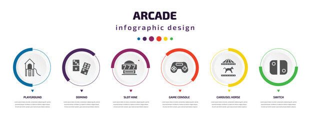 arcade infographic element with icons and 6 step or option. arcade icons such as playground, domino, slot hine, game console, carousel horse, switch vector. can be used for banner, info graph, web,