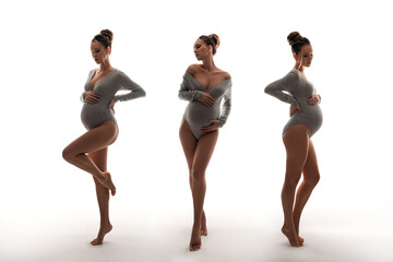 Collage full length portrait of a young beautiful pregnant woman on a white background isolated. Slender healthy mother in anticipation of the birth of a child. Pregnant woman touching her big belly.
