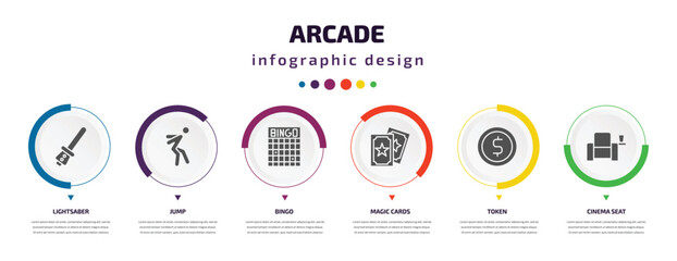 arcade infographic element with icons and 6 step or option. arcade icons such as lightsaber, jump, bingo, magic cards, token, cinema seat vector. can be used for banner, info graph, web,