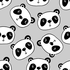 Cute Cartoon Panda Face Seamless Pattern grey background vector