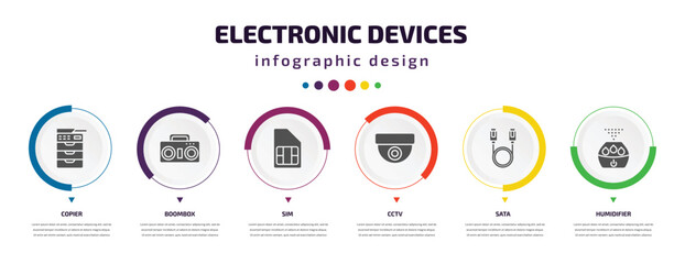 electronic devices infographic element with icons and 6 step or option. electronic devices icons such as copier, boombox, sim, cctv, sata, humidifier vector. can be used for banner, info graph, web,