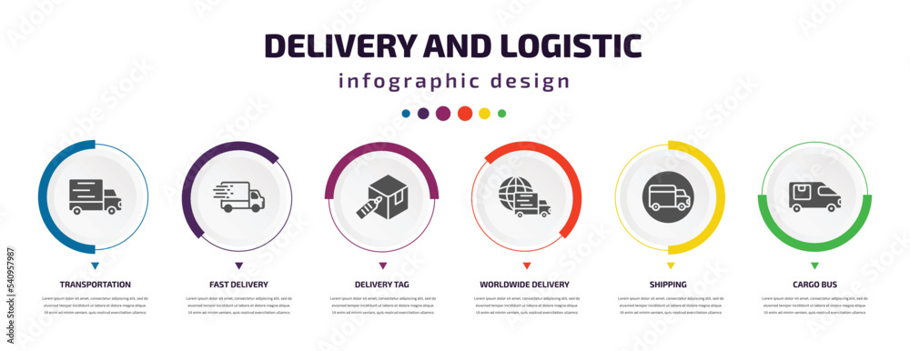 Poster delivery and logistic infographic element with icons and 6 step or option. delivery and logistic ico