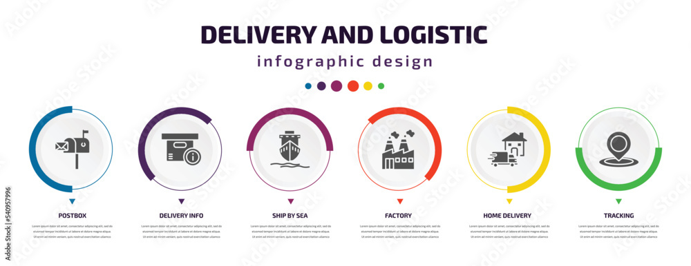 Poster delivery and logistic infographic element with icons and 6 step or option. delivery and logistic ico