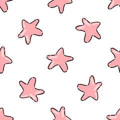 Cartoon hand drawn seamless pattern decorated pink stars on white background. Vector illustration for wallpaper, wrap, fabric, cover, textile or package design. Baby shower decoration.