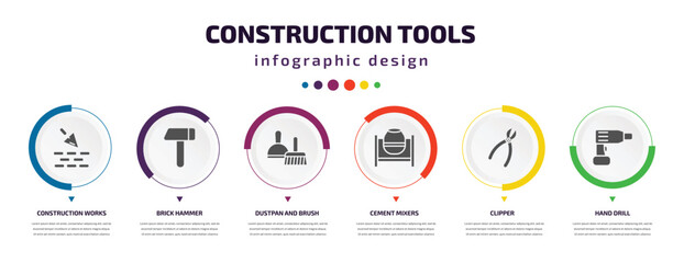 construction tools infographic element with icons and 6 step or option. construction tools icons such as construction works, brick hammer, dustpan and brush, cement mixers, clipper, hand drill