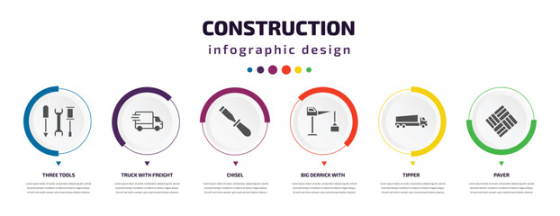 construction infographic element with icons and 6 step or option. construction icons such as three tools, truck with freight, chisel, big derrick with boxes, tipper, paver vector. can be used for