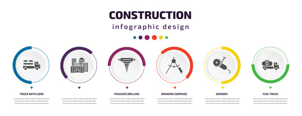 construction infographic element with icons and 6 step or option. construction icons such as truck with load, , pickaxes drilling, drawing compass, grinder, fuel truck vector. can be used for - obrazy, fototapety, plakaty