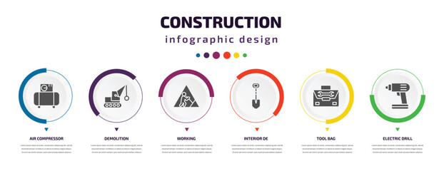 construction infographic element with icons and 6 step or option. construction icons such as air compressor, demolition, working, interior de, tool bag, electric drill vector. can be used for