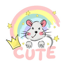 Print cute cartoon baby mouse with crown and stars on rainbow. Kid rat vector print, can be used for kids or babies t shirt design. Fashion print graphic. Cartoon animal illustration