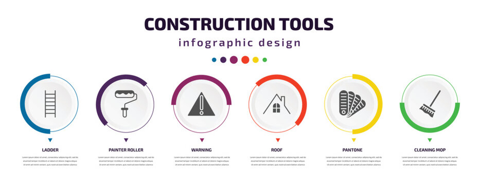 construction tools infographic element with icons and 6 step or option. construction tools icons such as ladder, painter roller, warning, roof, pantone, cleaning mop vector. can be used for banner,