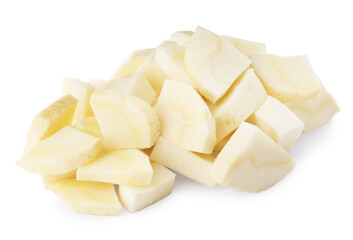 Tasty cut fresh ripe parsnip on white background