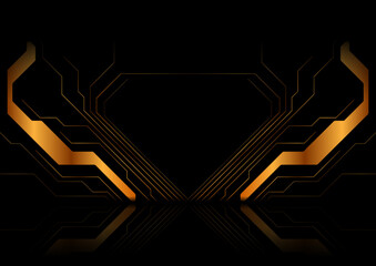 Golden geometric lines abstract futuristic tech background with reflection. Vector digital art design
