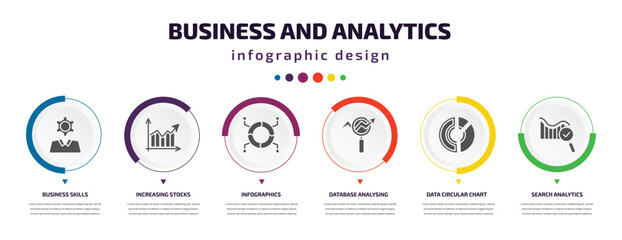business and analytics infographic element with icons and 6 step or option. business and analytics icons such as business skills, increasing stocks, infographics, database analysing, data circular