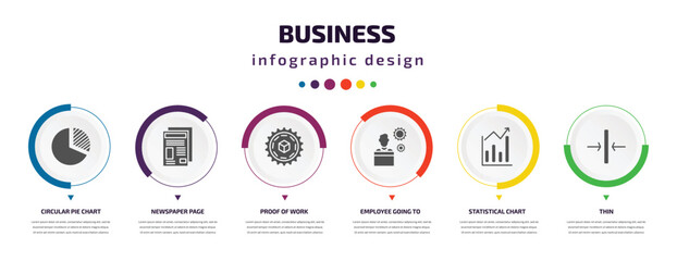 business infographic element with icons and 6 step or option. business icons such as circular pie chart, newspaper page, proof of work, employee going to work, statistical chart, thin vector. can be