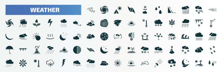 weather filled icons set. flat icons such as breeze, spring, sand storms, hail, icicle, convergence, eruption, snow, rainfall, sprinkle weather glyph icons. - obrazy, fototapety, plakaty