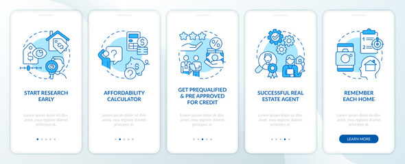 Homebuying steps blue onboarding mobile app screen. Buy new property walkthrough 5 steps editable graphic instructions with linear concepts. UI, UX, GUI template. Myriad Pro-Bold, Regular fonts used