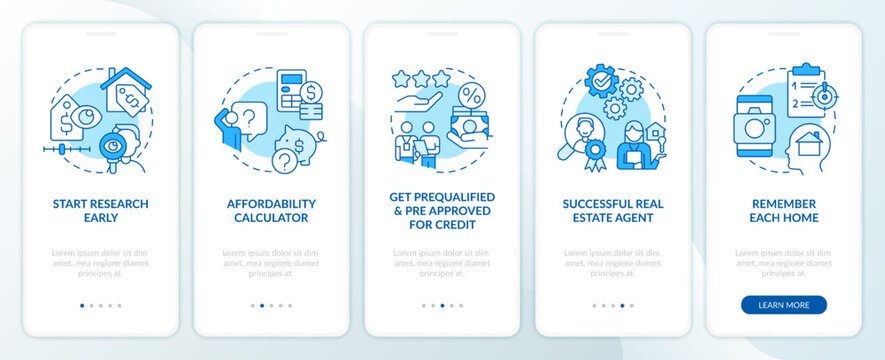Homebuying steps blue onboarding mobile app screen. Buy new property walkthrough 5 steps editable graphic instructions with linear concepts. UI, UX, GUI template. Myriad Pro-Bold, Regular fonts used