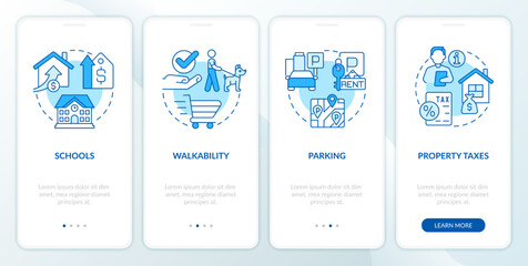 Best neighborhoods blue onboarding mobile app screen. Real estate walkthrough 4 steps editable graphic instructions with linear concepts. UI, UX, GUI template. Myriad Pro-Bold, Regular fonts used