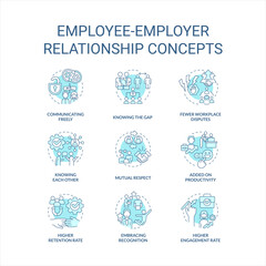 Employee employer relationship turquoise concept icons set. Relations in workplace idea thin line color illustrations. Isolated symbols. Editable stroke. Roboto-Medium, Myriad Pro-Bold fonts used