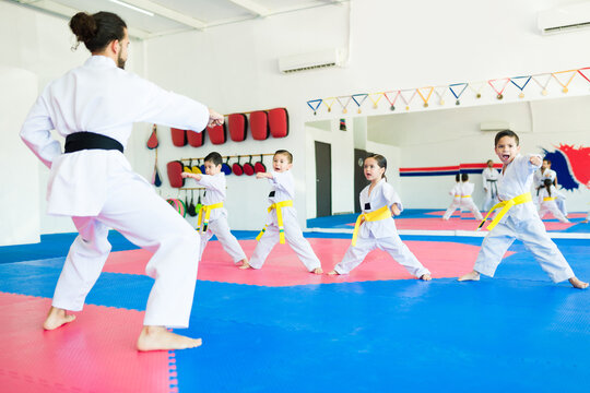 Karate coach during a martial arts practice with kids