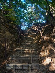 Bukhansan National Park. Mangwolsa Temple. autumn mountains. hiking Korean mountains. mountain landscapes in autumn. trekking. rise to the top of the mountain. fine dust in Korea