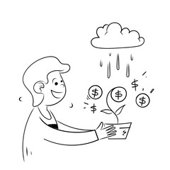hand drawing doodle watering money tree seeds illustration