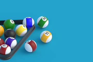 Strewn billiard balls in plastic triangle. Game for leisure. Sports equipment. Copy space. 3d render