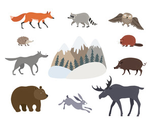 Vector set with forest animals in hand drawn style. Moose, hare, boar, bear, wolf, fox, raccoon, beaver, hedgehog and owl. Mountain landscape. Vector illustration