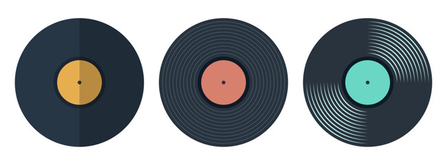 Vinyl icons. Vector vinyl record disc set. Vector color illustration. The view from the top. Gramophone LP vinyl record. Retro design. - obrazy, fototapety, plakaty