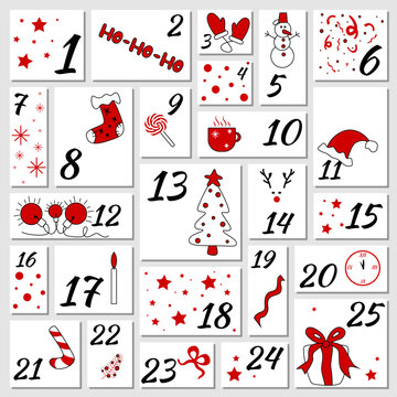 Christmas Advent Calendar. Xmas poster. December adwent calendar with different christmas symbols. Christmas countdown tags.