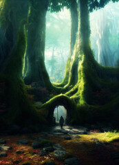 Silhouette of a person entering magical fairytale forest realm, digital illustration