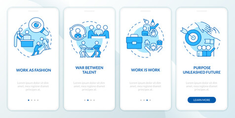 Work relationship development blue onboarding mobile app screen. Walkthrough 4 steps editable graphic instructions with linear concepts. UI, UX, GUI template. Myriad Pro-Bold, Regular fonts used